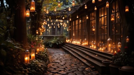  A whimsical garden with fairy lights and lanterns illuminating the path.