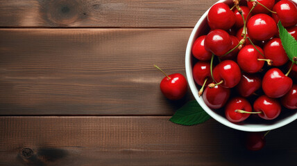 Wall Mural - Fresh cherries in a white bowl on a wooden background