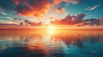 Wall Mural - vivid sunrise over ocean with dramatic clouds and sun reflecting on water