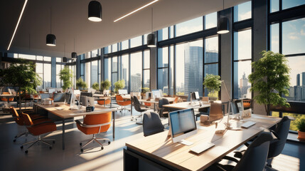 Poster - Co-working space office and sharing desk in corporate workspace.