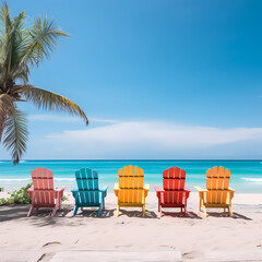 Wall Mural - 
A row of beach chairs overlooking a tropical beach.