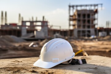 White helmet or hardhat work on buildings background