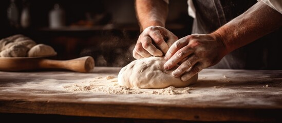 Wall Mural - Photo of baker closely shaping dough for bread.