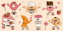 A Collection Of Groovy Cheerful Desserts Characters. Retro Cartoon Stickers, Stamps, Patches Or Mascots For Cafe. Funky Vector Illustration With A Donut, Cake, Chocolate, Coffee, Croissant And Cookie.