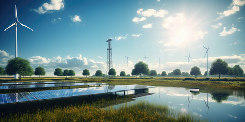 Canvas Print - Wind turbines with solar panels on the field