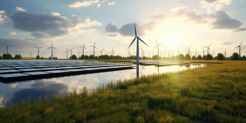 Canvas Print - Wind turbines with solar panels on the field