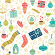 Happy New Year 2024 seamless pattern. Vector winter holiday background with gift, decoration, tea, coffee, snowflakes, socks, scarf