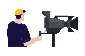 Sticker - Cinema with Man Character Stand with Camera Engaged in Movie Shooting Vector Illustration