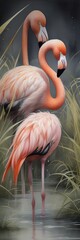 Sticker - Watercolor painting of a flamingo in the grass of the African savannah created by AI.