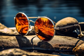 Photo of a stylish pair of sunglasses on a reflective surface. Generative AI