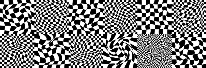 Wall Mural - Checkerboard psychedelic pattern set black and white. Checkerboard background y2k retro grid. Psychedelic texture vector illustration.