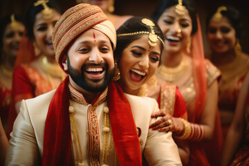 Happy Indian ethnic Bride and Groom wearing traditional costumes and jewellery on their wedding day
