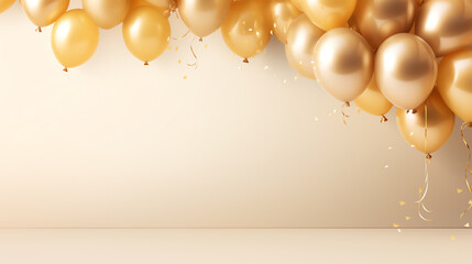 Celebration party banner with gold balloons on bright background with copy space, holiday concept