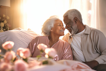 You are the beautiful part of my life. Happy elderly dark-skinned couple cuddling in bed. Romantic feelings. Love.