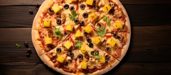 Sticker - Top view of a tasty, large pizza topped with chicken, pineapple, corn, and olives.