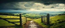 Scenic Countryside With Farm Gate, Road, Rain Clouds. High-quality Photo.