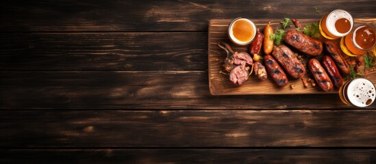 Wall Mural - Top view of grilled sausages and beer on a wooden table. Empty space available.