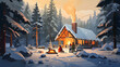 Illustration of a wooden hut in a snow-covered forest in winter. A family in front of the hut around a campfire.