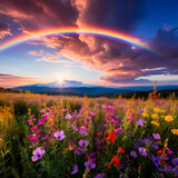 Fototapeta Natura - A vibrant rainbow over a field of wildflowers.