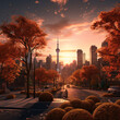A cityscape at golden hour surrounded by autumnal foliage. Generative ai