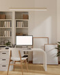 A modern, minimalist white home office or private office with a computer mockup on a modern desk