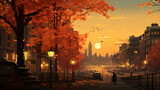 Fototapeta Londyn - A cityscape at golden hour surrounded by autumnal foliage. Generative ai