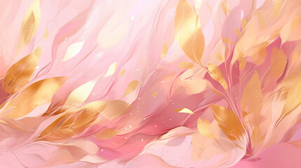 Wall Mural - Luxurious golden wallpaper. pink background with golden leaves in pink background. Generative AI