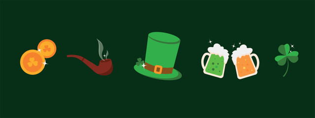 Set of St. Patrick's Day elements on a green background. Vector illustration for Irish holiday.