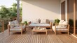 cosy simple living simplicity home interior design wooden terrace and comfort exteriro sofa furniture set on balcony terrace. Generative AI