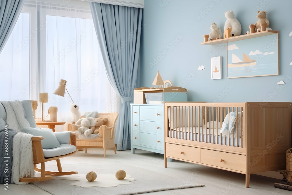 Child room with natural light blue colors and wooden furniture ...