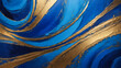 Cobalt blue liquid abstract marbled background with golden wavy lines. Abstract horizontal image for business banner, formal backdrop, prestigious voucher, luxe invite