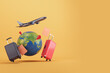 Travel essentials with an airplane circling the globe, indicative of global tourism on a yellow backdrop. Vacation planning. 3D Rendering