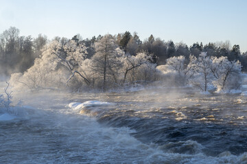 Wall Mural - River landscape with frost and snow. Farnebofjarden national park in north of Sweden.