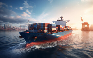 Poster - A large tanker with containers leaves the port into the ocean. Container ship getting to port. Cargo, transportation, supply, logistics and economy idea. AI generative.