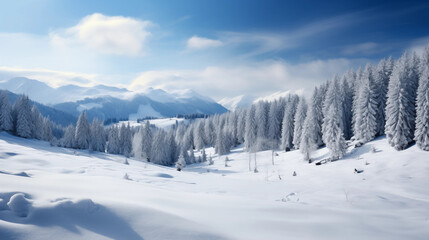 Aufkleber - Snow-covered landscapes, including mountains, forests, and fields. llustration for cover, interior design. AI generative.