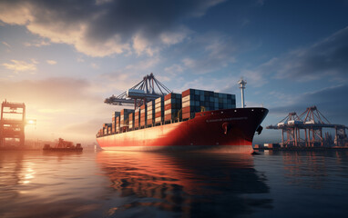 Poster - A large tanker with containers leaves the port into the ocean. Container ship getting to port. Cargo, transportation, supply, logistics and economy idea. AI generative.