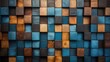 canvas print picture - Abstract three dimensional brown and blue wooden cubes facing texture background.