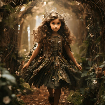 Photo of a cute girl in a whimsical forest, photographed with a fairy tale forest setting Generative AI