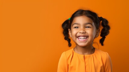 Wall Mural - Thrilled Polynesian girl, black ponytail, orange studio