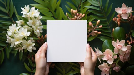 Wall Mural - Blank white square greeting card opened by female hand with manicured nails. Mockup. Top view. Stylish and blurry background. For the text entry area