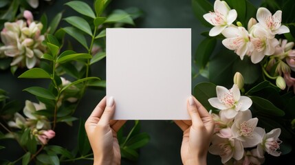 Wall Mural - Blank white square greeting card opened by female hand with manicured nails. Mockup. Top view. Stylish and blurry background. For the text entry area