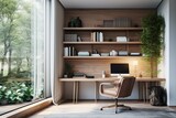 Fototapeta  - Interior of modern office with white walls, wooden floor, comfortable computer desk and bookcase with folders