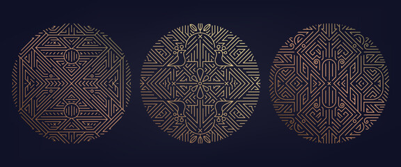 Vector set of art deco round patterns, geometric circle ornaments, gatsby style luxury elements. Elegant logos, golden shapes