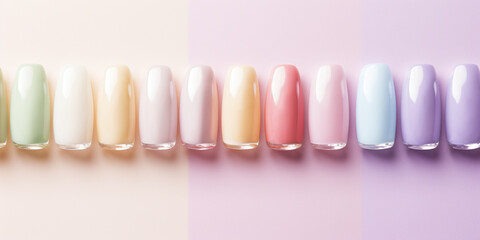 Nail polish samples in soft pastel colors. Colorful nail lacquer manicure swatches. Top view of nail art palette. Flat-lay.