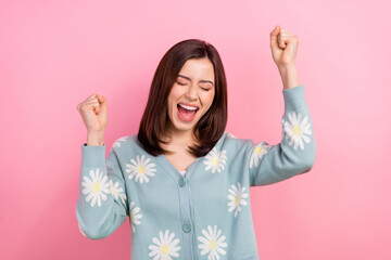 Wall Mural - Photo of excited ecstatic lady scream hooray astonished yes yeah win lottery wear cardigan isolated pink color background