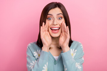 Sticker - Portrait of funny chatterbox girl holding hands near mouth spread share gossips news information isolated pink color background