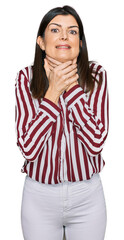 Wall Mural - Beautiful brunette woman wearing striped shirt shouting and suffocate because painful strangle. health problem. asphyxiate and suicide concept.