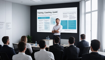 Presentation, training and coaching with businessman talking to an audience during workshop. Business Coach Presenter Speaks to Group of employee.