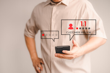Poster - Customer review and feedback with rate 1.1 star on virtual screen. Business concept of customer experience dissatisfied by smartphone. Assessment testimonial review for dislike service and low quality