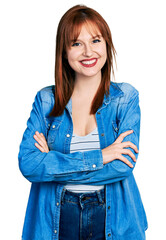 Poster - Redhead young woman wearing casual denim jacket happy face smiling with crossed arms looking at the camera. positive person.